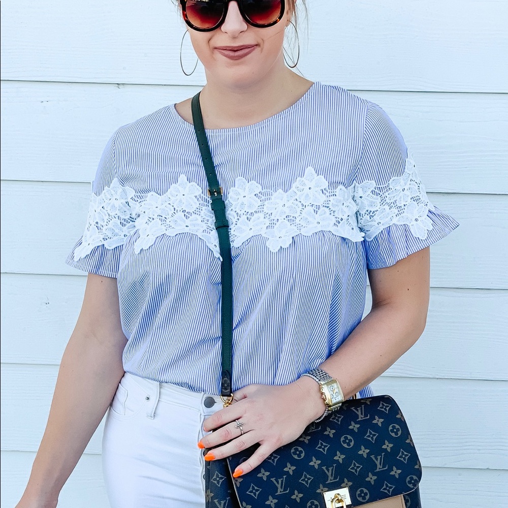 Short Sleeve Lace Striped Blouse (Blue)